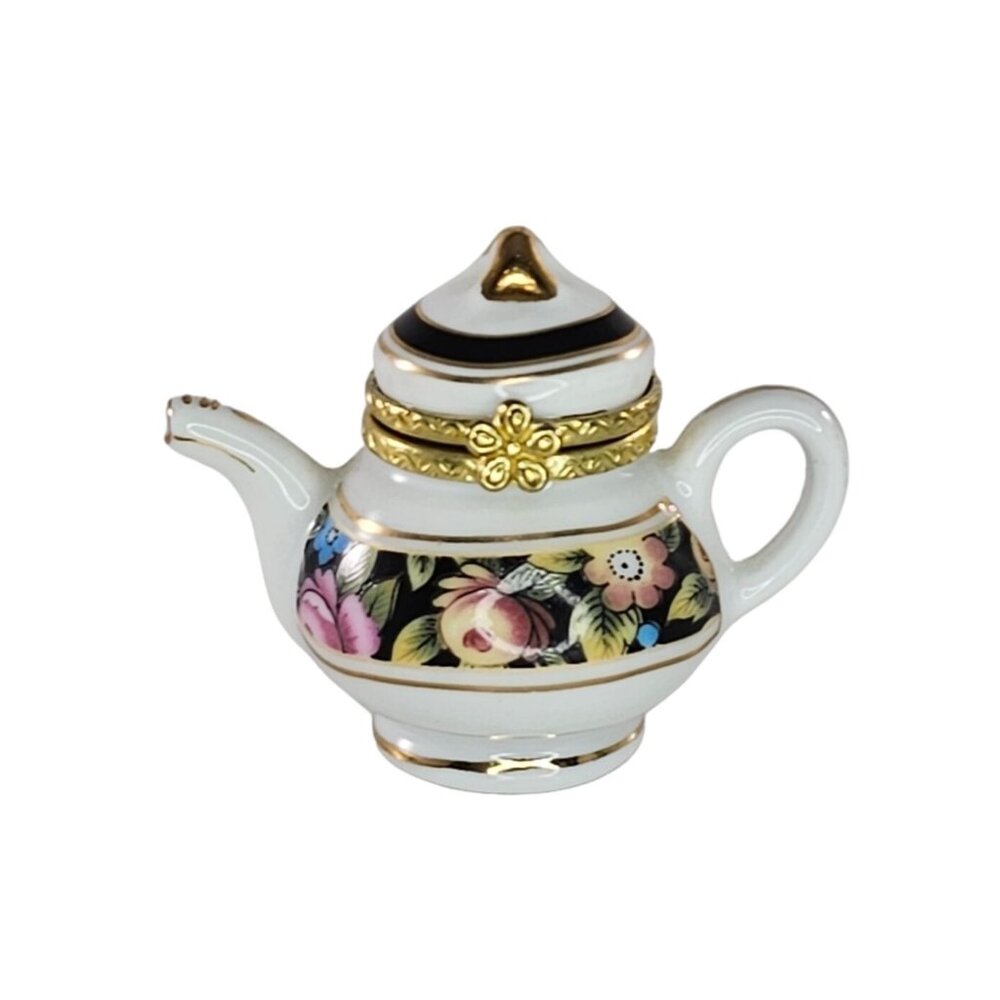 Miniature Floral Porcelain Teapot Trinket Box With Gold Trim